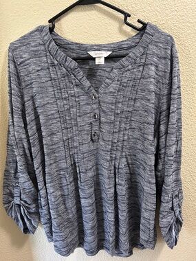 CJ Banks Heathered Navy Blue Pintuck Henley Top